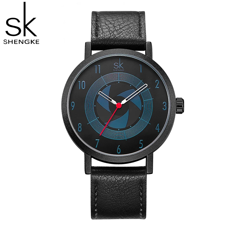 SHENGKE Big Dial Men\'s Quartz Wristwatches Fashion Design Leather Strap Cemera Idea Top Luxury Male Watches Gift Clock For Man