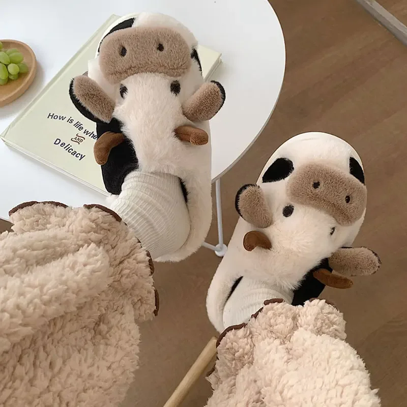 Crestar Women Slipper Cartoon Plush Slippers Winter Cute Cow  Antiskid Cloud Slippers Indoor Lovers Furry Non-slip Home Shoes