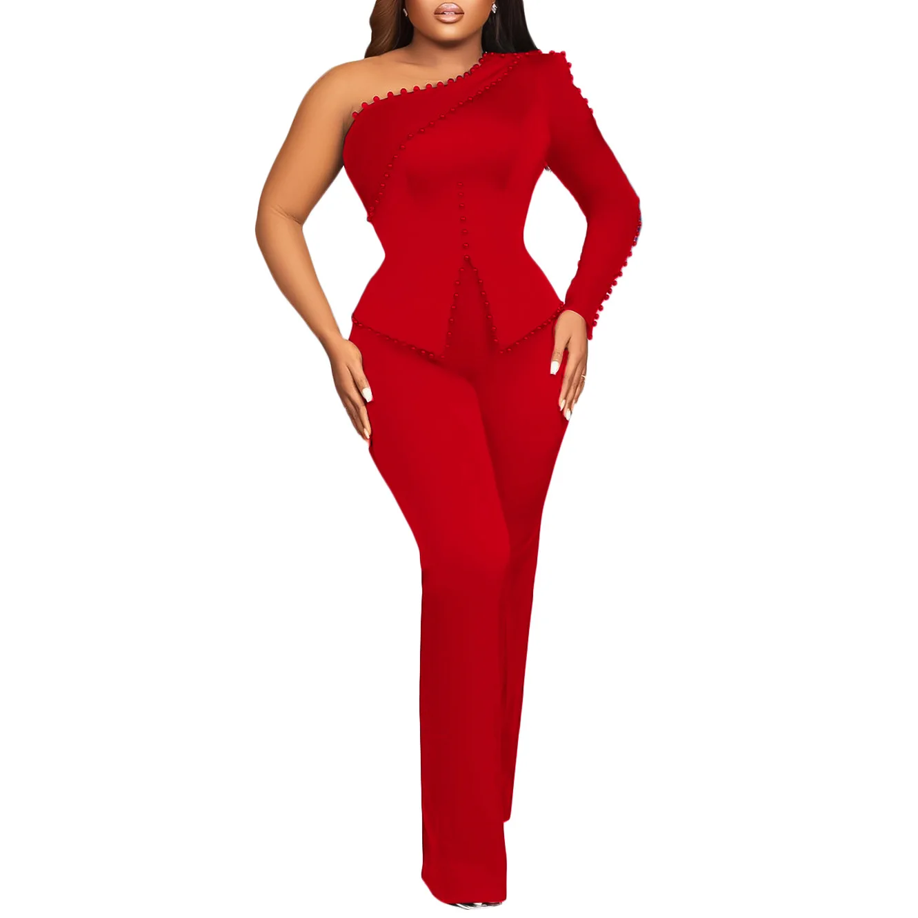 

Women's 2024 Spring New Skew Shoulder Beaded Long Sleeve Split Style Commuting Elegant Two Piece Set