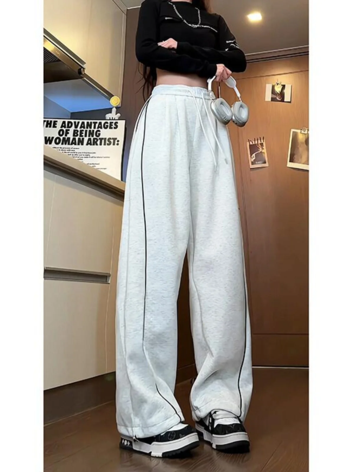 

American Stripe Casual Pants Men's Spring Loose Drapey Spor Straight Leg Trousers High Street Cool Wide Leg Pants