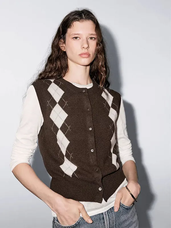 

Retro Sle Knitted Vest Svel round Ne id Pattern Diamond Pattern American College Sle Women's Soft Sweater