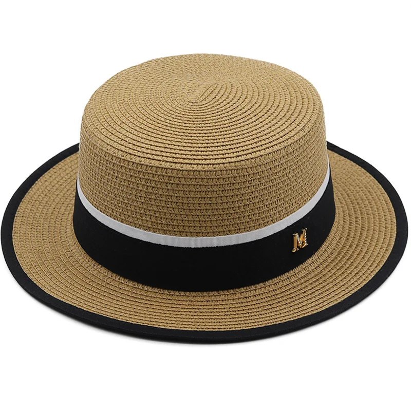 Summer Female Natural Stiff Wheat Straw Boater Fedora Top Flat Hat Women Beach Flat Brim Cap With black Stripe Ribbon