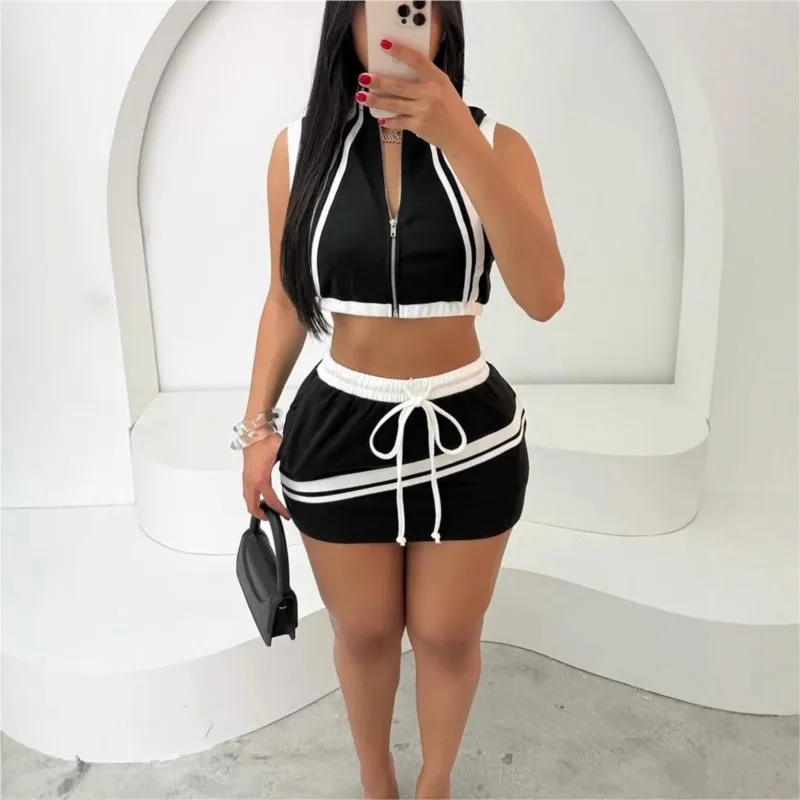 

2 Piece Set Women 2025 Summer Y2K Sexy Hot Girl Short Zipper Top & Fashion Casual Slimming Wrap Hip Mini Skirt Sets Streetwear