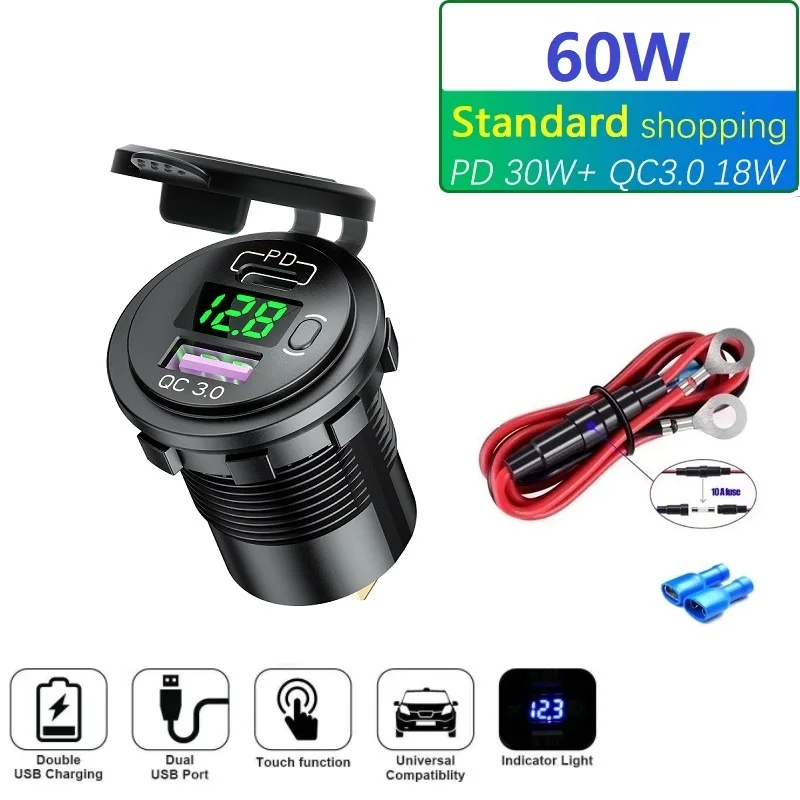 60W PD Type C/QC 3.0 USB Charger with Switch Socket Power Outlet Adapter Waterproof For 12V 24V Car Truck Boat RV Motorcycle