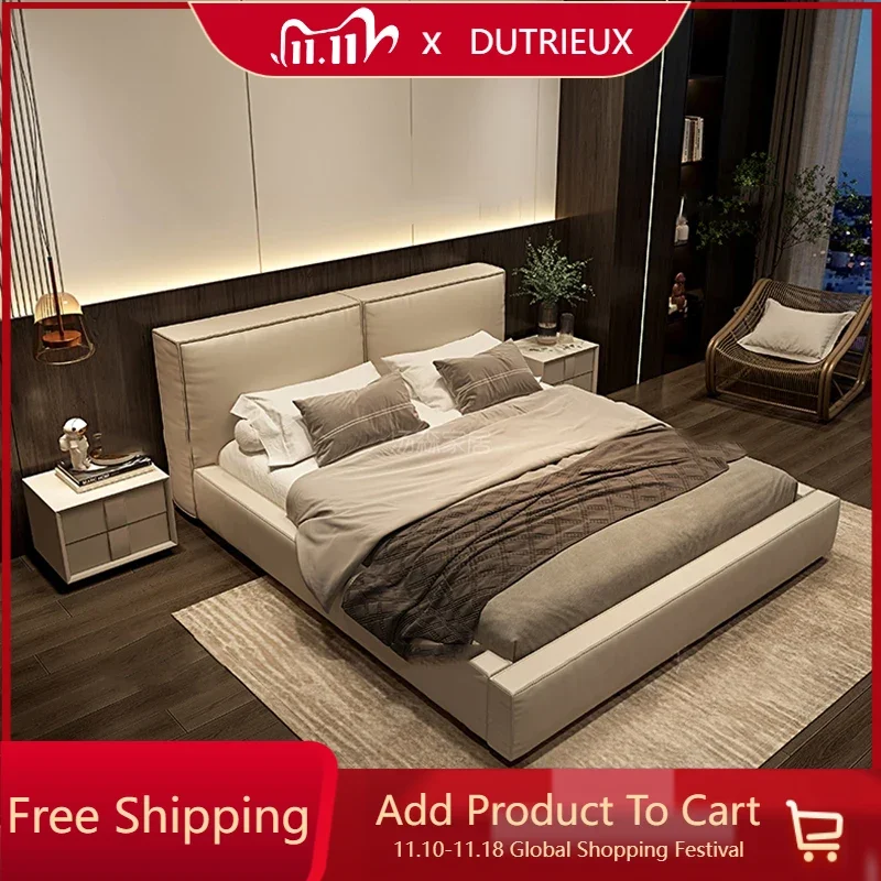 

Genuine Leather Double Bed Floor Master Italian Elegant Double Bed Minimalist Luxury Camas Moderrnas Inteligentes Furniture