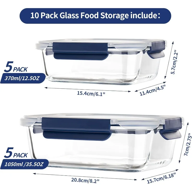 Glass Food Storage Containers with Lids Airtight, [10 Pack] Glass Meal Prep Containers, Glass Storage Container Set