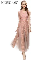 DLDENGHAN Spring Summer Women Mesh Long Dress V-Neck Long Sleeve Floral Embroidery Vintage Party Dresses Fashion Designer New