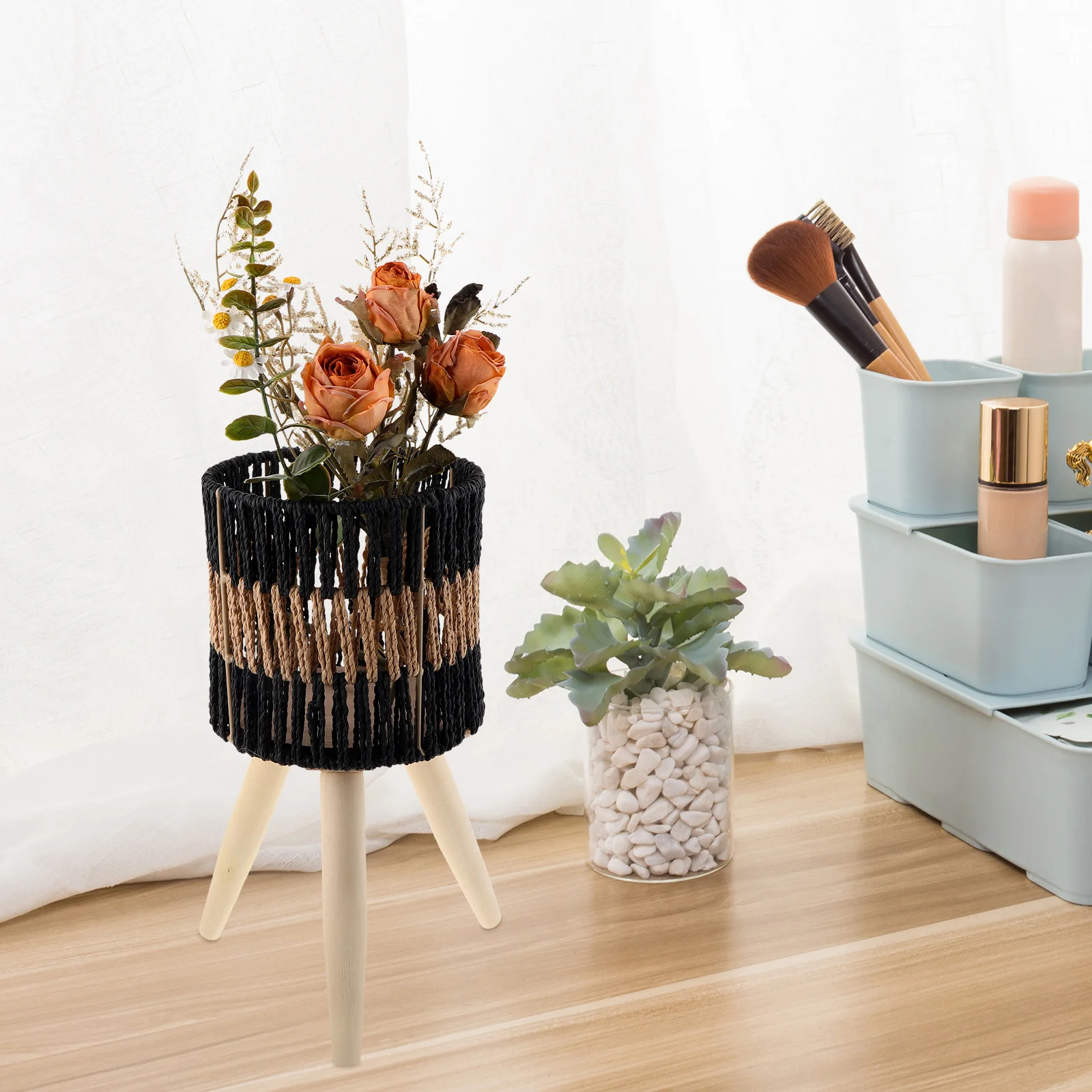 

Indoor Home Use Creative Woven Rope Plant Basket Stand Detachable Rustic Floor Planter Pot Holder for Living Room Bathroom