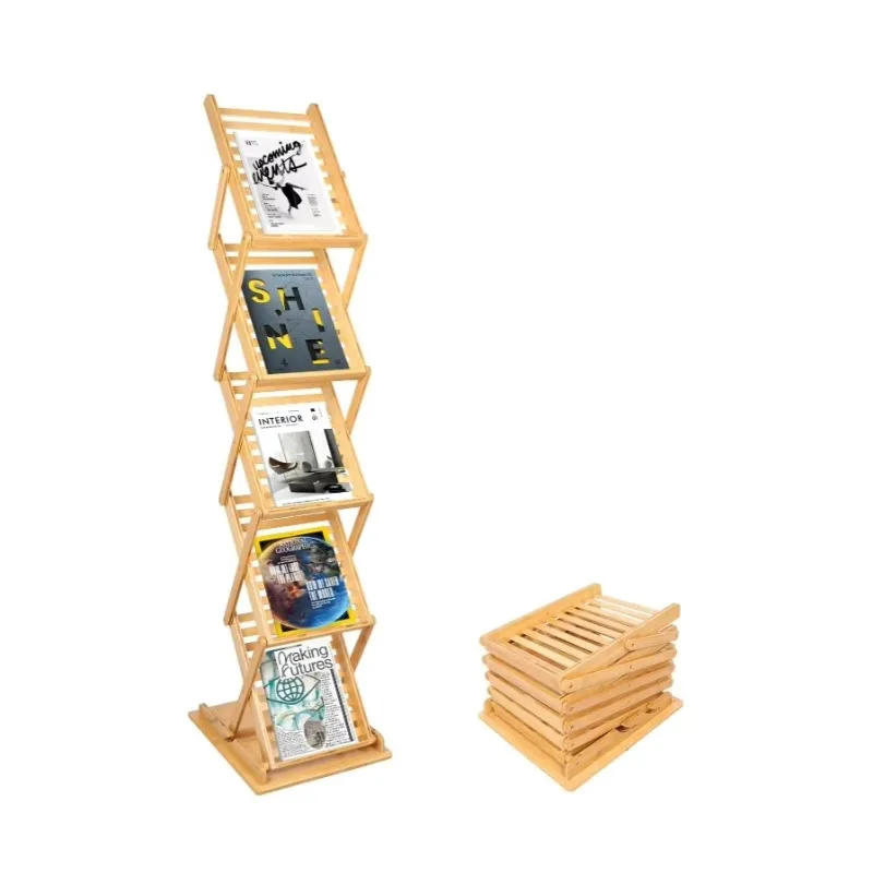 

High quality foldable magazine floor stand brochure display stand bamboo wood home office