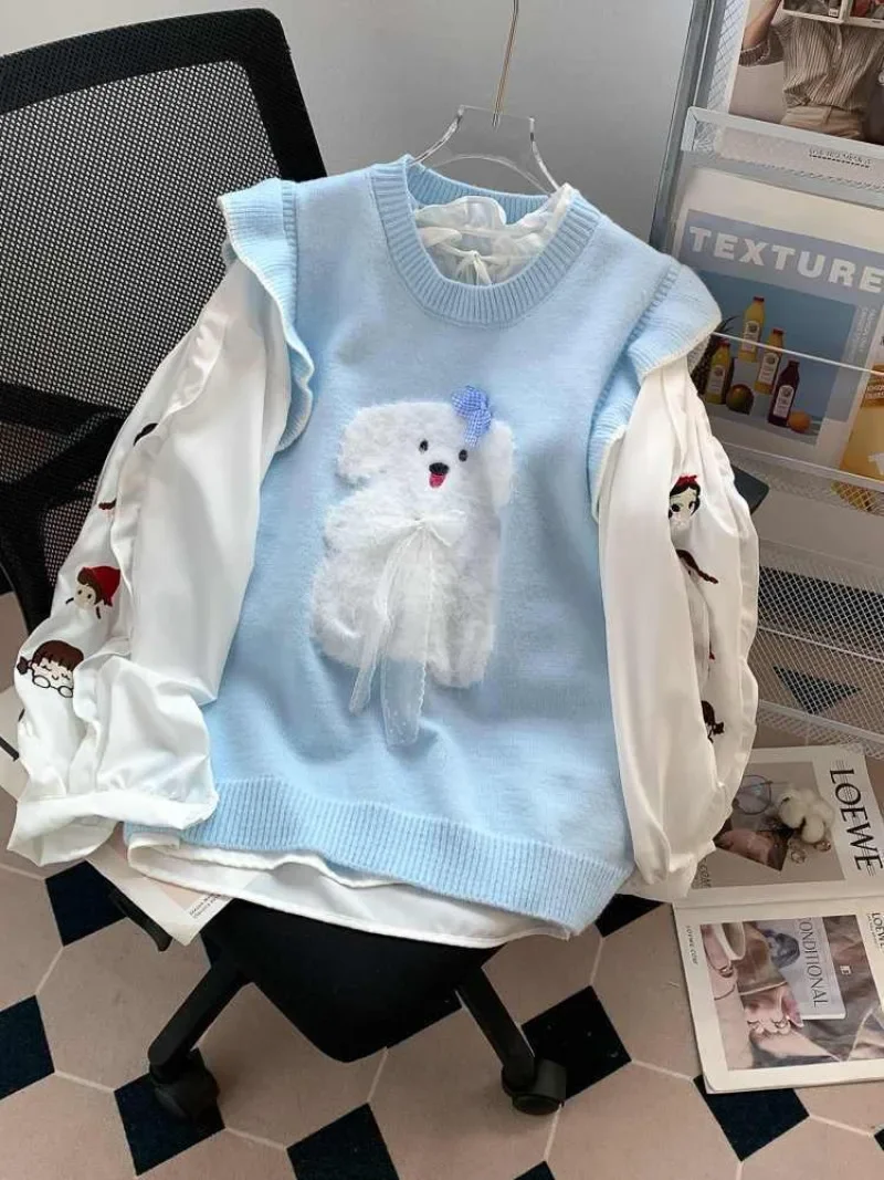 الكرتون الكلب القوس الجاكار الكشكشة كم سترة سترة المرأة الأزرق أكمام نمط Preppy سترة محبوكة غير رسمية المرأة ربيع الخريف