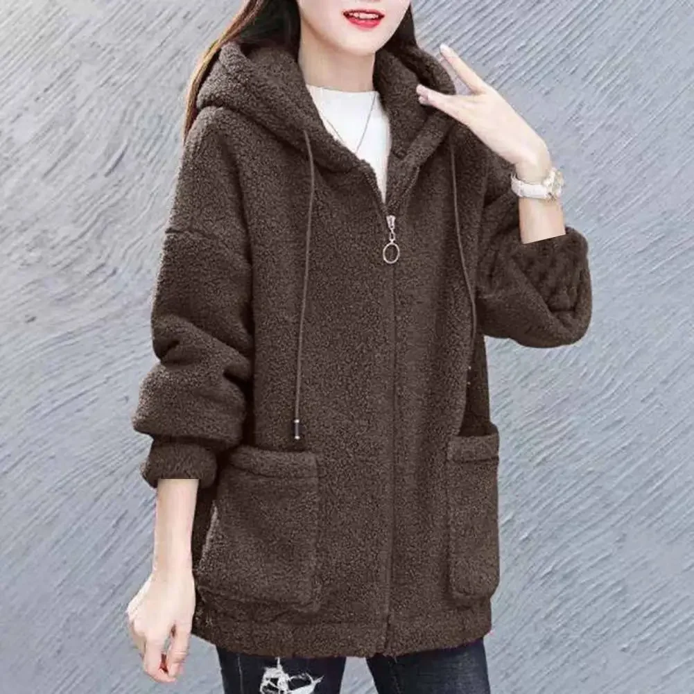 Women Hooded Coat Chic Fleece Thick Solid Color Pockets Long Sleeves Loose Warm Plush Zipper Cardigan Outdoor Winter Jacket