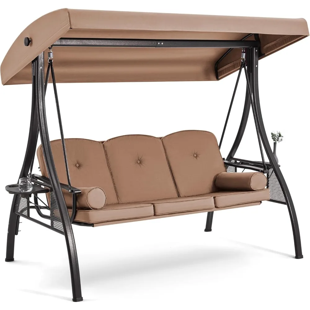 

3 Person Outdoor Porch Swing, with 1.5" Upgraded Cup Holder, Adjustable Canopy, Backrest, Patio Swing Bed with Weather Resistant