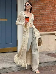 Trendix Deep V Neck Long Cover Up Dress Women Sexy Hollow Elegant Long Cardigan Dresses Autumn Winter Street Casual Knit Dress