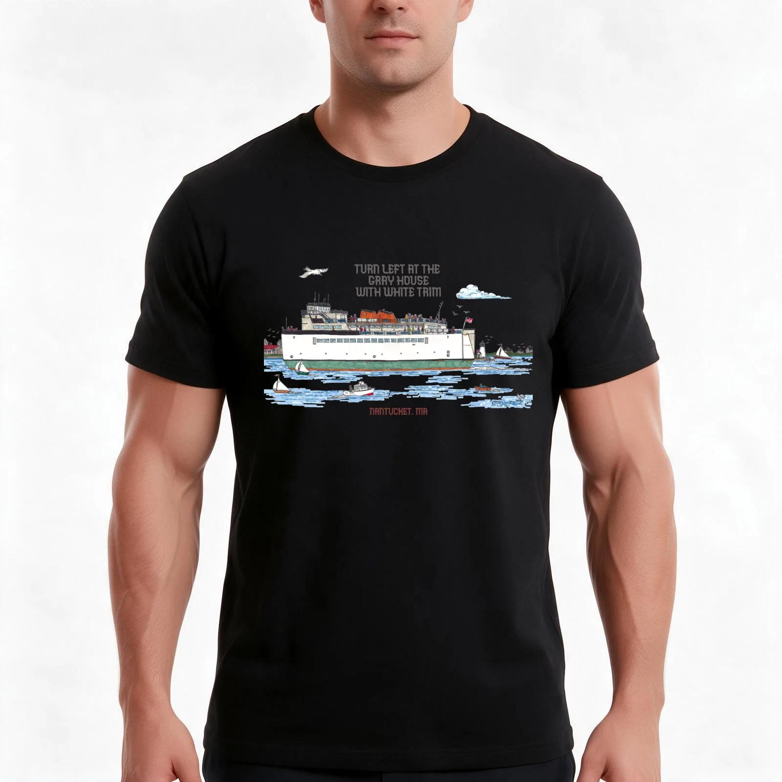 Nantucket Ferry T-Shirt, Summer Casual Cotton Tee, Oversized Streetwear Tops, Vintage Graphic Print, Loose Fit Short Sleeve
