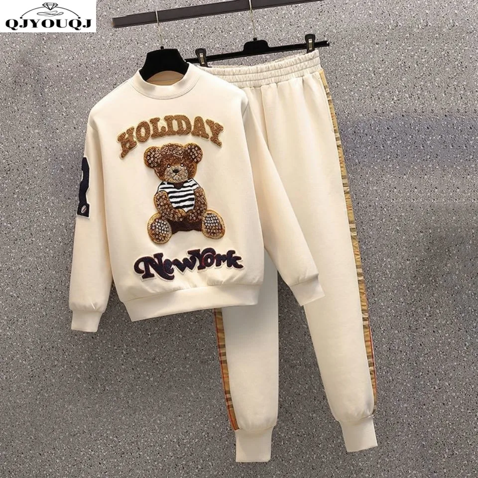 Spring Korean New Women's Set with Embroidered Bear Fashion Top and Casual Sports Pants Two Piece Set