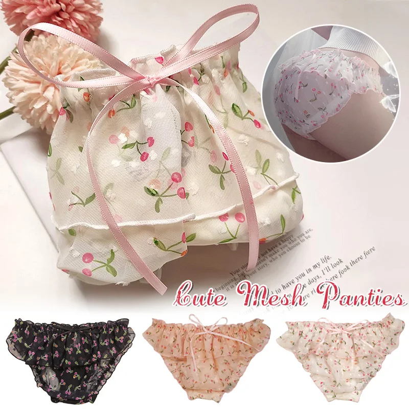 2pcs Ladies Triangle Low Waist Mesh Panties Cherry Sweet Japanese Cute Transparent Bow Underwear Lace Print Student Clothing