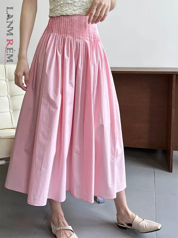 

[LANMREM] Pleated Design Elastic High Waist Skirt For Women Solid Color A-line Office Lady Loose Skirts 2024 Spring New 26D2743