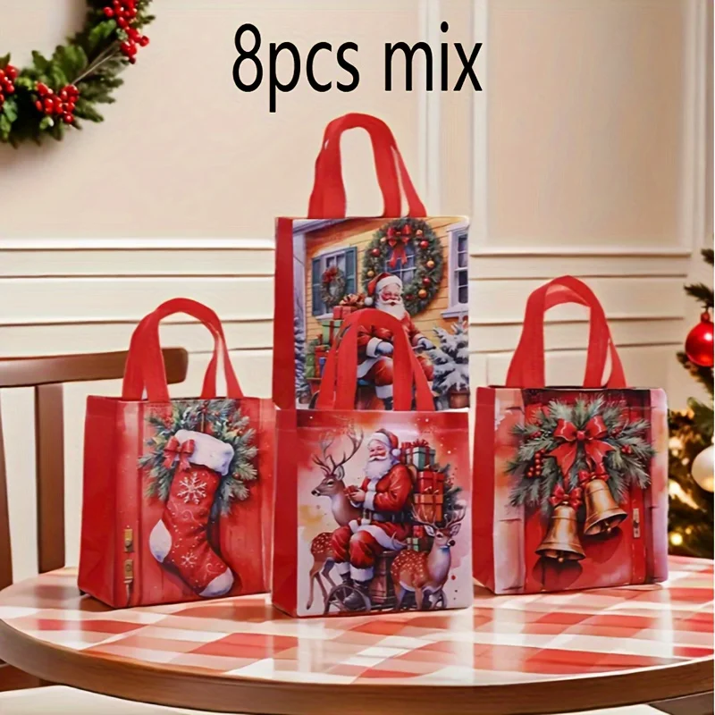 Christmas Gift Bags 8 Pack, Reusable Polyester Tote Bags With Handles, Red Christmas Tree Reindeer Design, Holiday Party Gift Wr