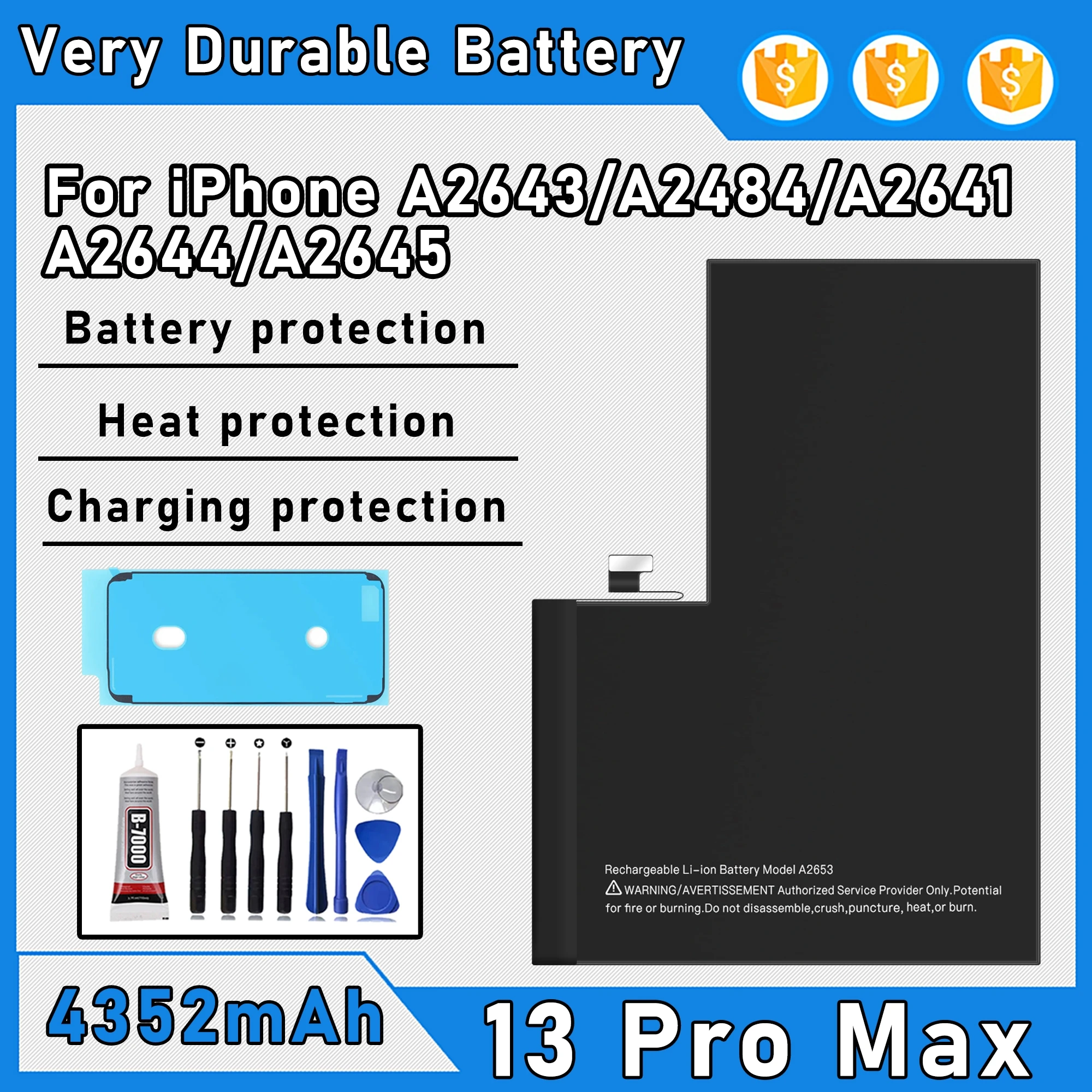 

100% 0 Cycle High Capacity Battery For iPhone 13 Pro Max/A2643/A2484/A2641 Phone Bateria+Free Tool Kit