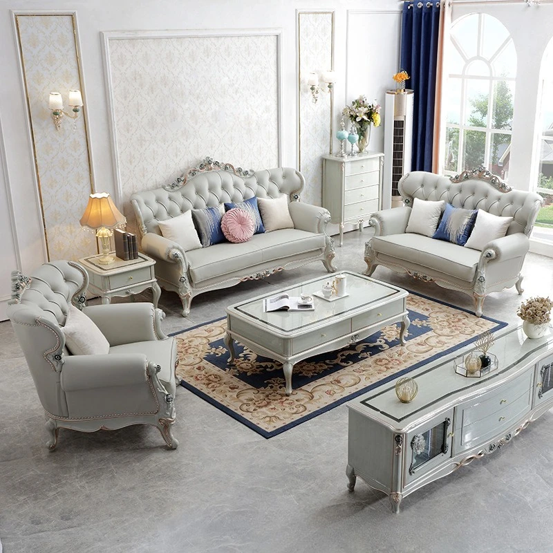 

French blue French leather sofa European classical sofa villa solid wood leather