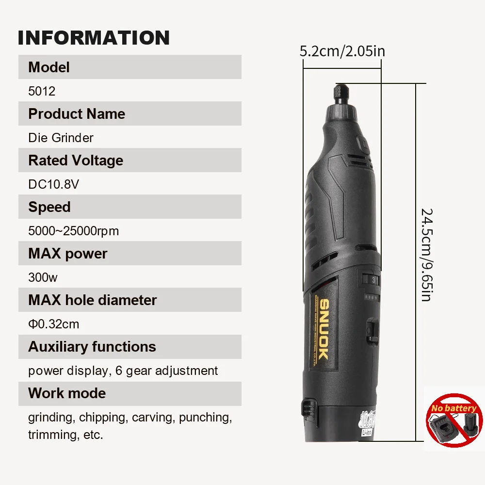 SNUOK Electric Wood Polisher 25000RPM Electric DIY Engraving Tool 6-Speed Adjustable Polishing Machine For Makita 10.8V Battery