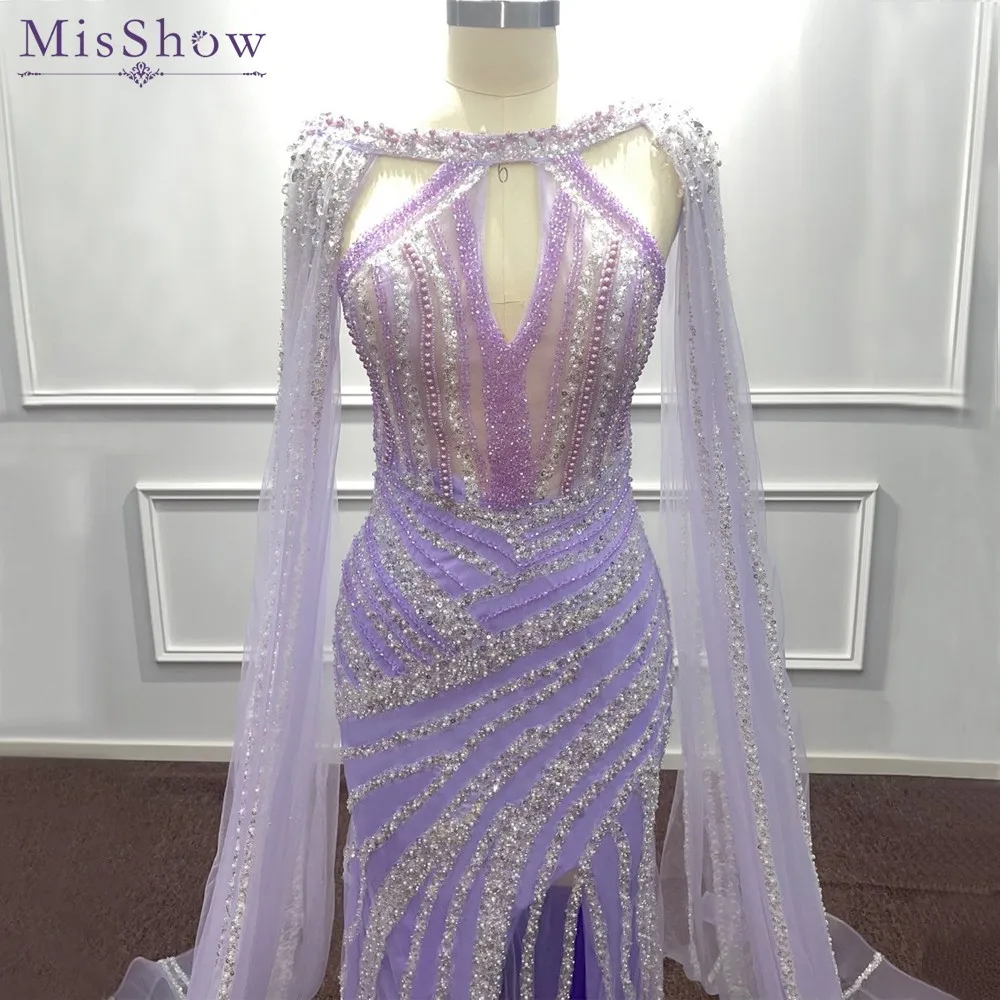 MisShow Dubai Luxury Beaded Evening Dress with Cape Sleeves 2024 Arabic Lilac Mermaid Split Wedding Party Gowns For Women