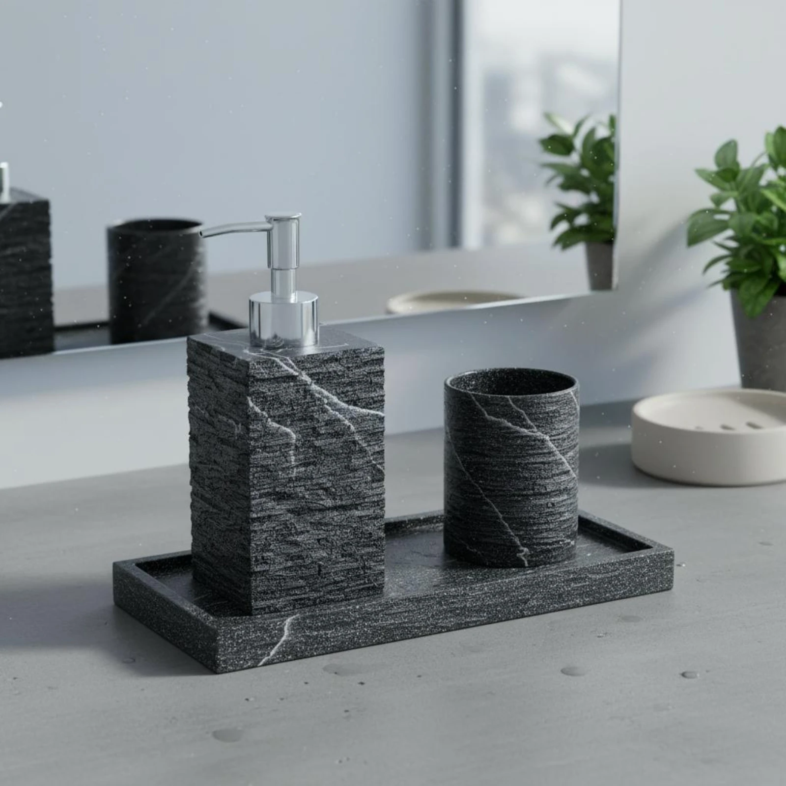 3 Pieces Stone Texture Bathroom Set Easy to Clean Sandstone Dispenser Tray Set Liquid Soap Dispenser Waterproof Home Decor