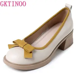 GKTINOO Mixed Colors Bow Genuine Leather Shoes Fashion Pumps Shoes Woman New 2024 Large Size Women Shoes High Heels