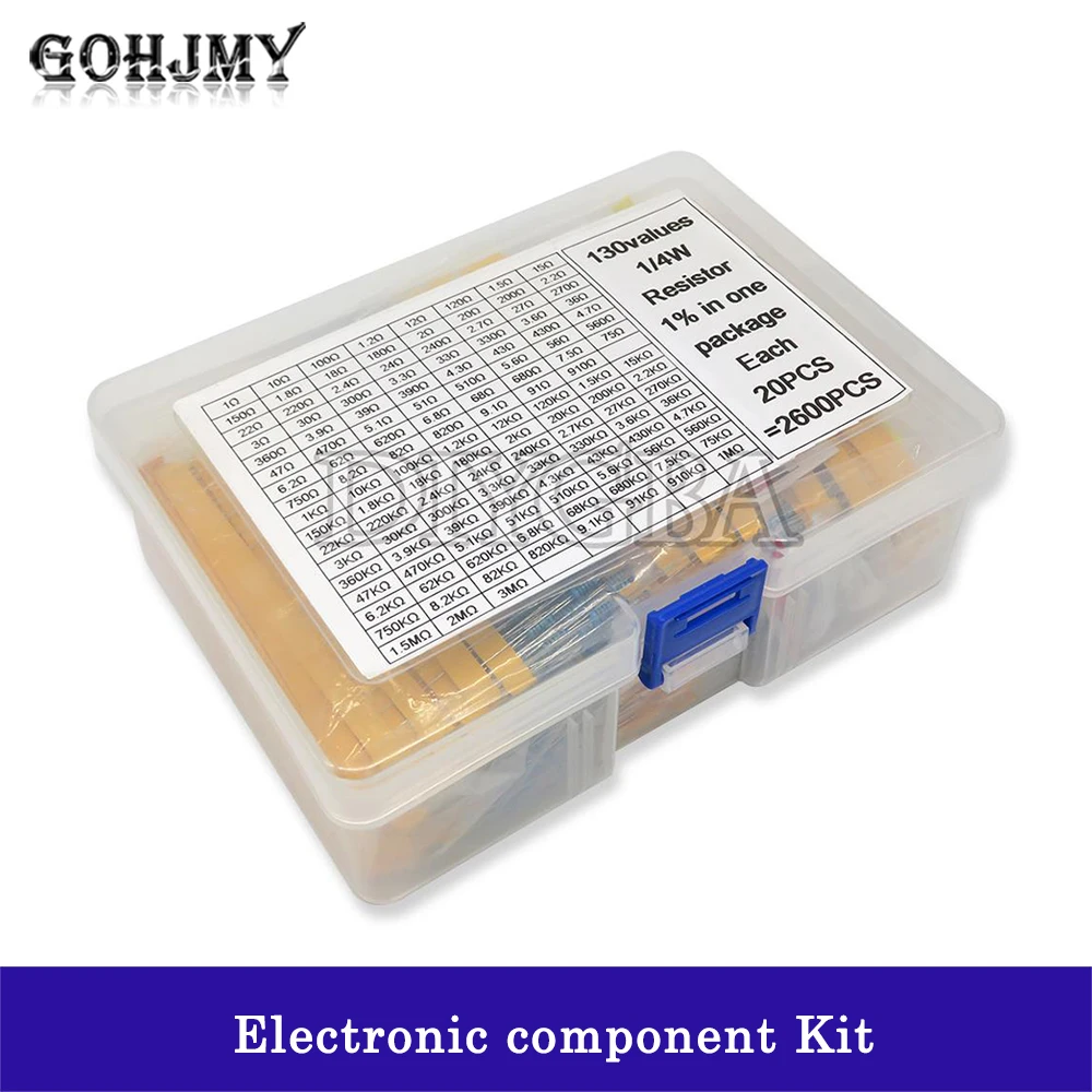 2600PCS/lot 130 Values 1/4W 0.25W 1% Metal Film Resistors Assorted Pack Kit GOHJMY