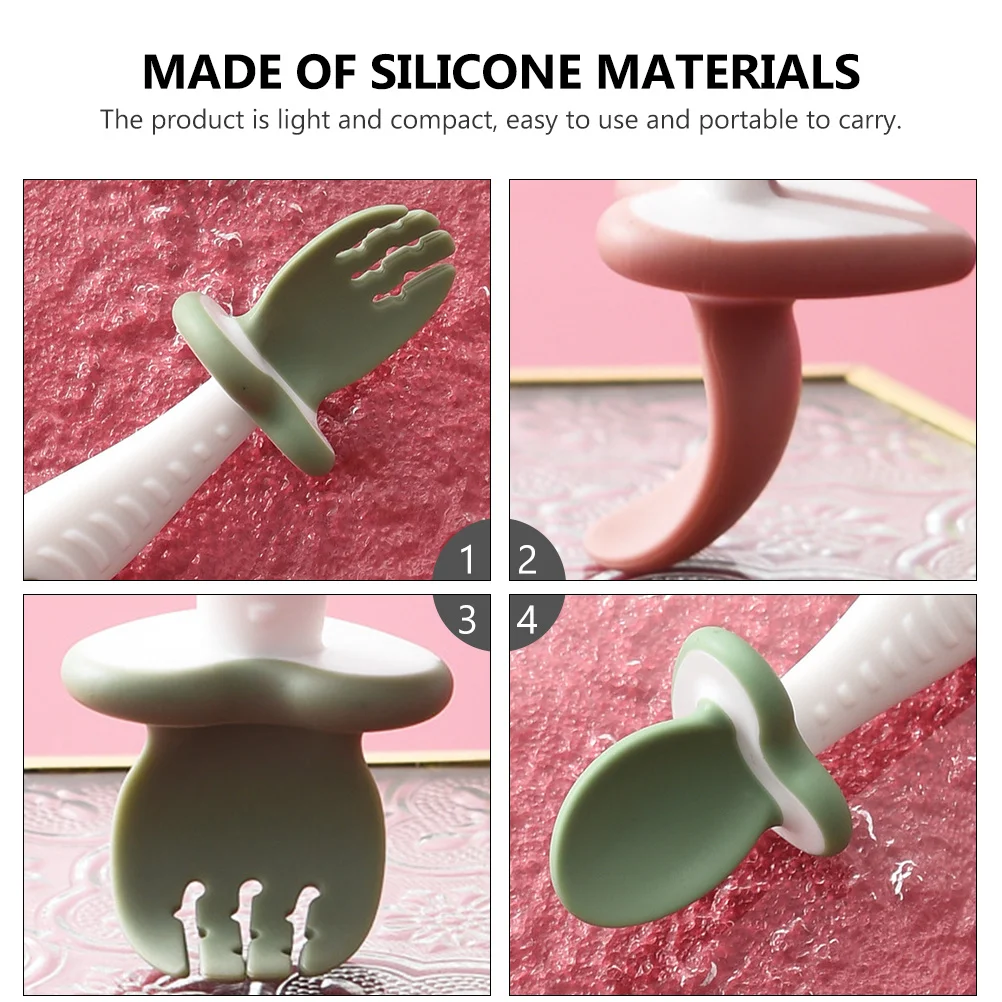 

1Set Baby Silicone Spoon Fork Flexible Durable Training Tableware Light Portable Feeding Tool Silicone Spoon and Fork