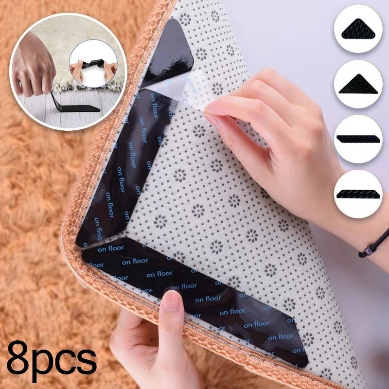 8pcs Rug Carpet Mat Gripper Double Sided Adhesive Non-Slip Rug Pad Tape Sticker Corner Side Gripper For Hardwood Floor and Tile