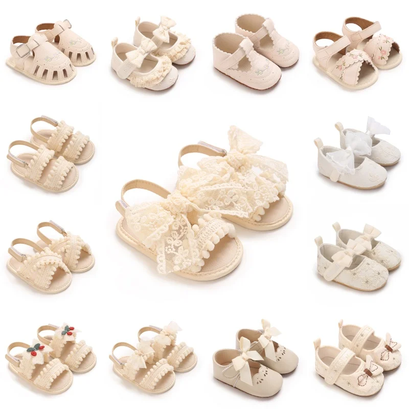 Spring and Autumn Apricot Cotton Embroidered Butterfly Knot Decoration Princess Series Anti slip Female Baby Soft soled Learning