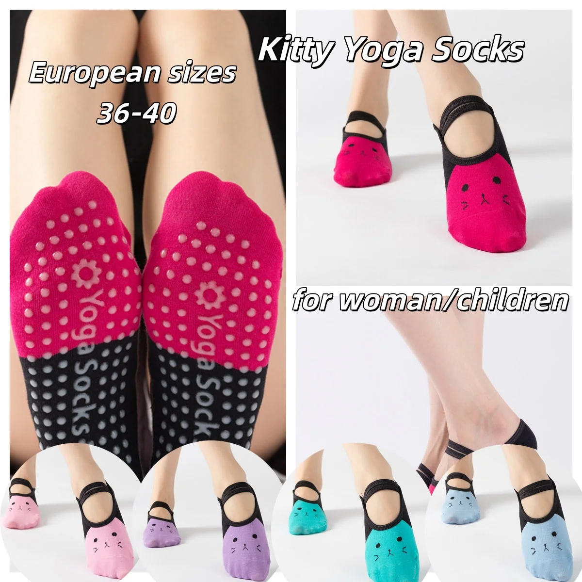 

European sizes 36-43, 1 Pair of Cartoon Cat Yoga Socks/Ankle Socks in Gift Packaging for Women