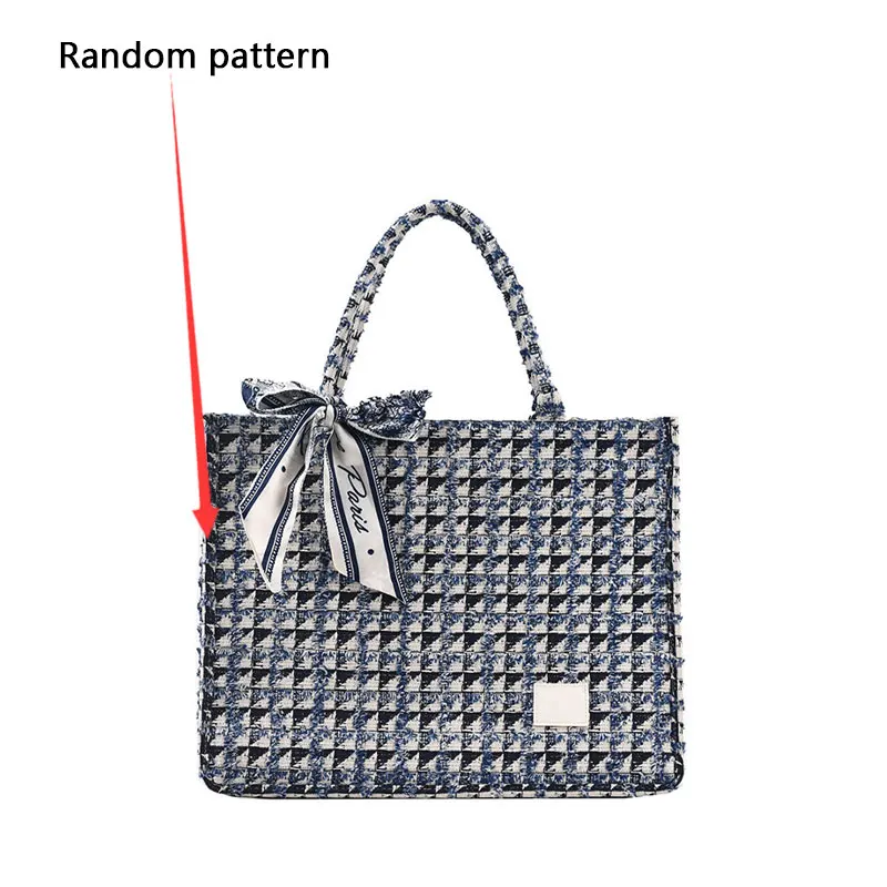 Large Square Plaid Canvas Tote Bag for Women