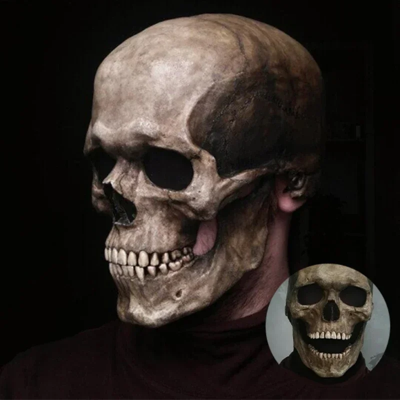 Máscara de calavera de cabeza completa para Halloween, esqueleto aterrador 3D, máscara de terror, boca, mandíbula móvil, accesorios de disfraz para