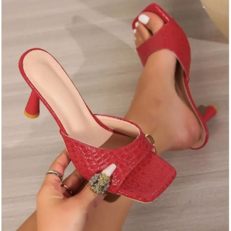 New Style Elegant Women High Heels Slippers Fashion Square Toe Flip Flops Sandals Design Open Toe Slingback Slides Female Pumps