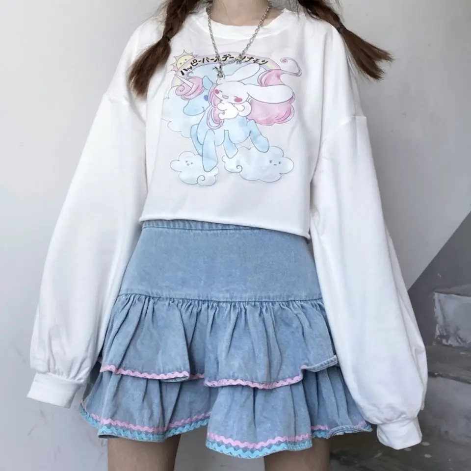 Sweet Lolita Style Mini Skirts Women Harajuku Cute  Style Jk Denim Skirt Japanese Girls Sexy Punk High Waist Tiered Skirt