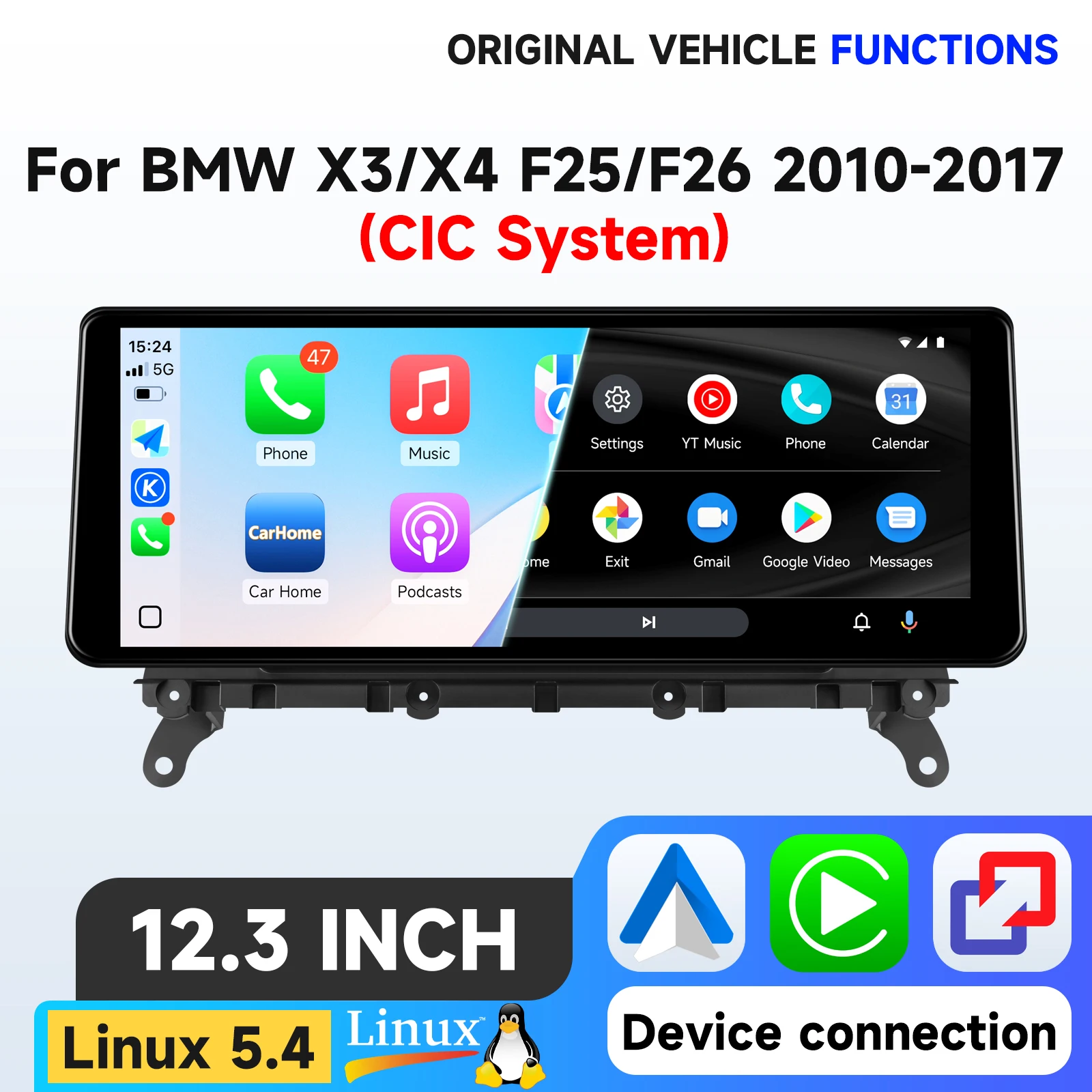 Hizpo Linux 5.4 System 12,3 Zoll Auto-Multimedia-Player für BMW X3 F25 X4 F26 2010-2017 CIC-System Touch-Display Airplay Autoradio-Player Stereo GPS-Navigation Audio Original Auto-CD-Player IDrive