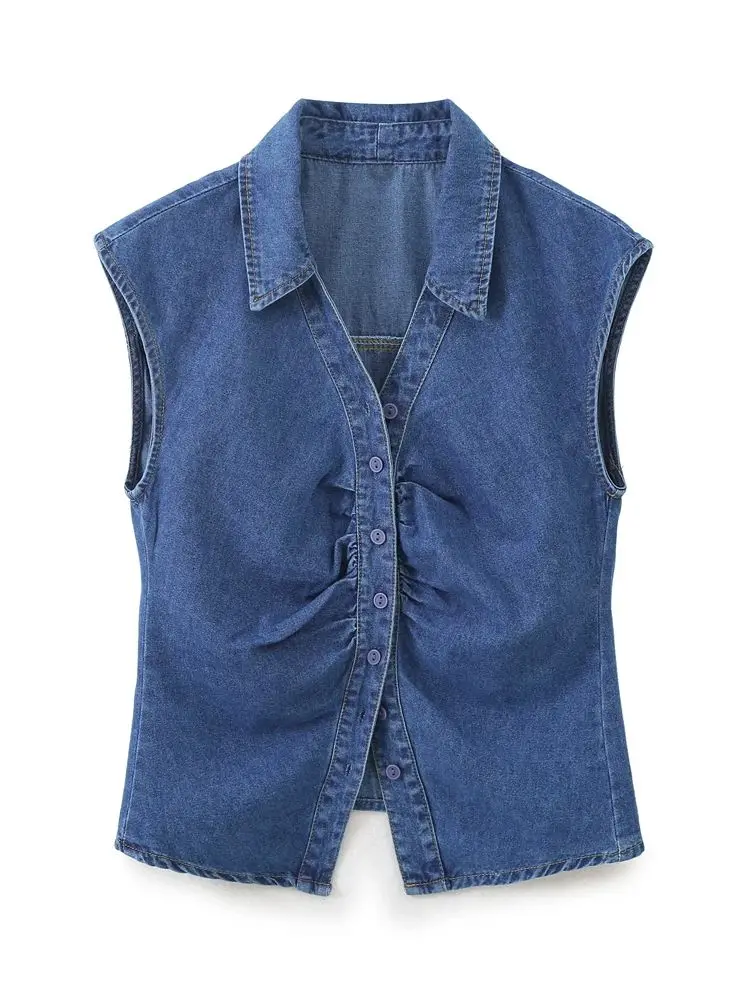 XNWMNZ 2024 Women\'s Fashion Gathered Denim Shirt Women High Street V-neck Sleeveless Front Button Versatile Female Top