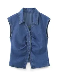 XNWMNZ 2024 Women's Fashion Gathered Denim Shirt Women High Street V-neck Sleeveless Front Button Versatile Female Top