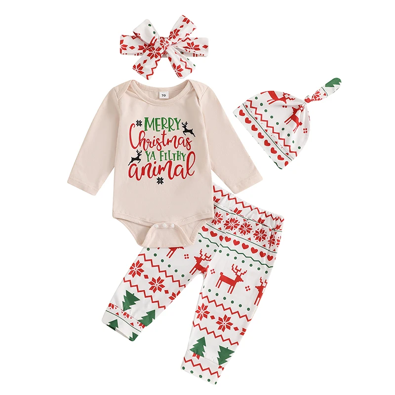 

Baby Christmas Set Letter Long Sleeve Romper Reindeer Long Trousers Hat Headband Contrast Color Outfits