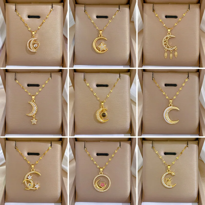 Luxury Micro Paved Full Zircon Moon Pendant Necklace for Women Titanium Steel Gold Color Jewelry Accessory
