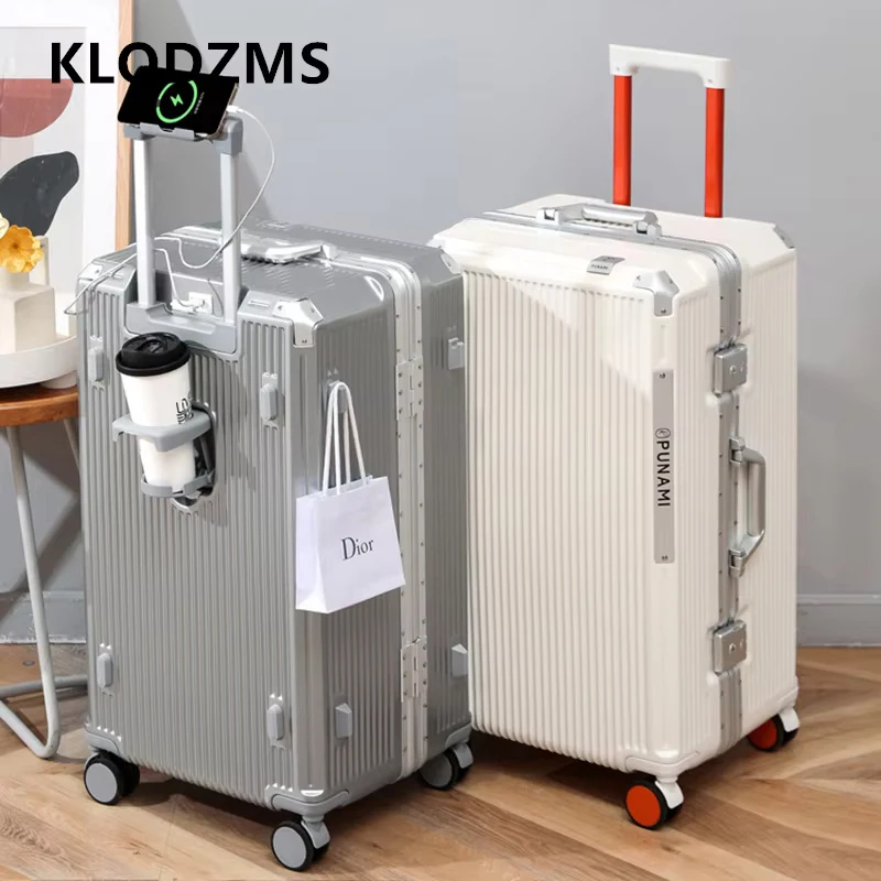 

KLQDZMS Suitcase on Wheels with Aluminum Frame Boarding Box Large Capacity Trolley Case 20"24"26Inch Women's PC Cabin Luggage