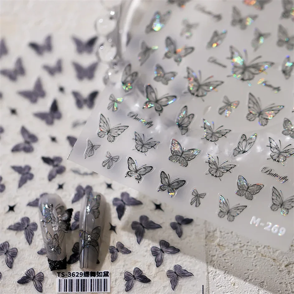 Shinny Black Dark Butterfly Nail Stickers High Quality Shell Light Design Adhesive Stickers Nail Art Decoration