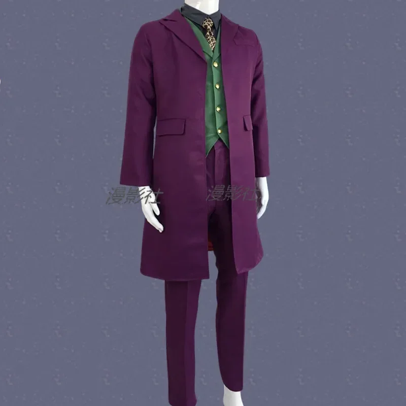 Halloween filme cavaleiro fantasia cosplay para homens, fantasia do Coringa, livro-razão, terno roxo, conjuntos completos, 1:1