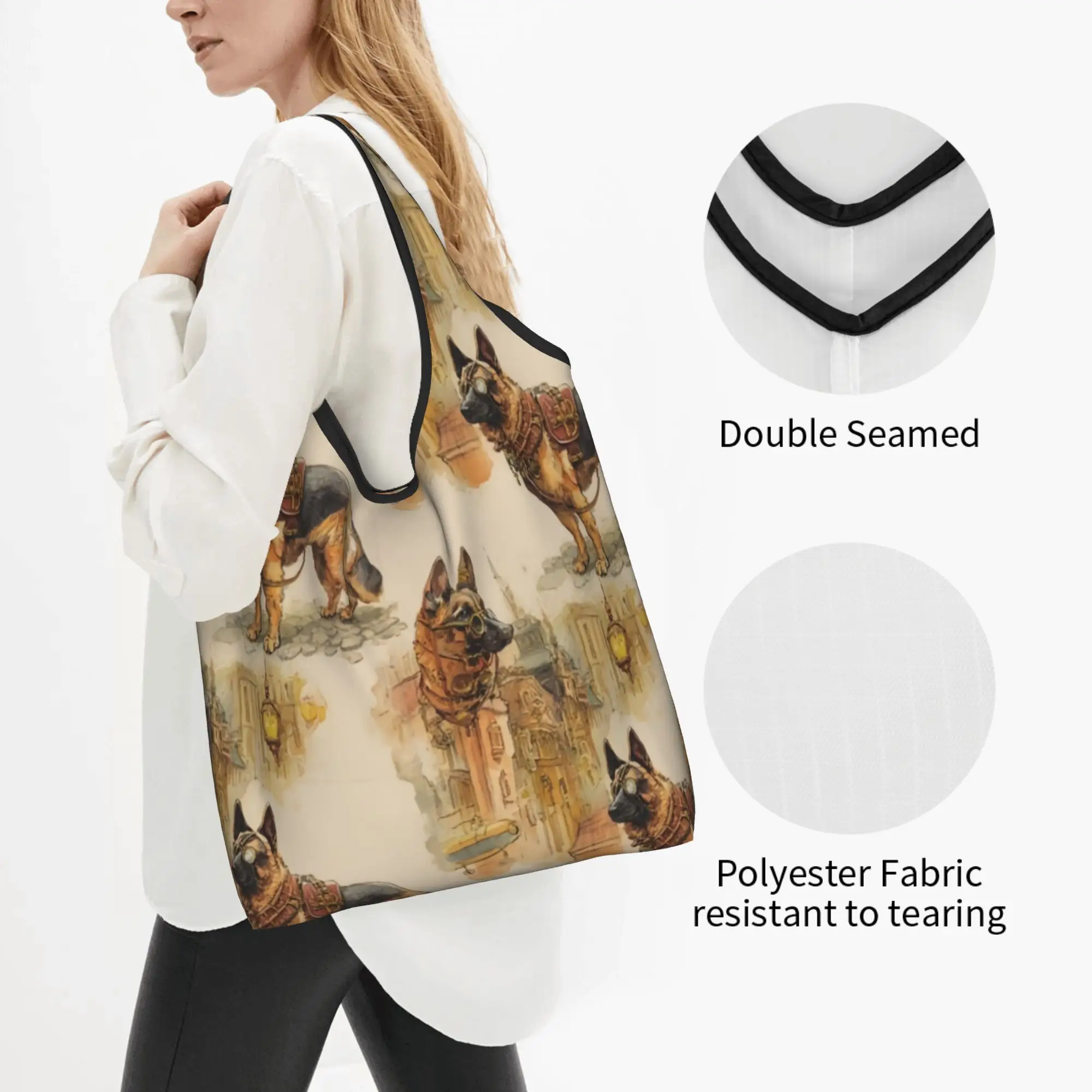 Steampunk Aesthetic German Shepherds Grocery Shopping Bag Custom Shopper Shoulder Tote Bag Large Capacity Portable  Handbag