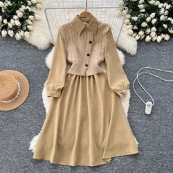 Women Two-Piece Sets Vintage Single Breasted Vest and Turn-down Collar Corduroy Dress Korean High Street Autumn Winter Clothing