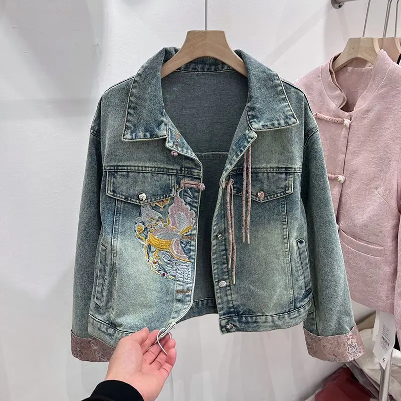 

Vintage Denim Short Jacket Women's 2024 Spring New Chinese Style Embroidered Cowboy Jean Coats lady Long Sleeve Trendy Outerwear