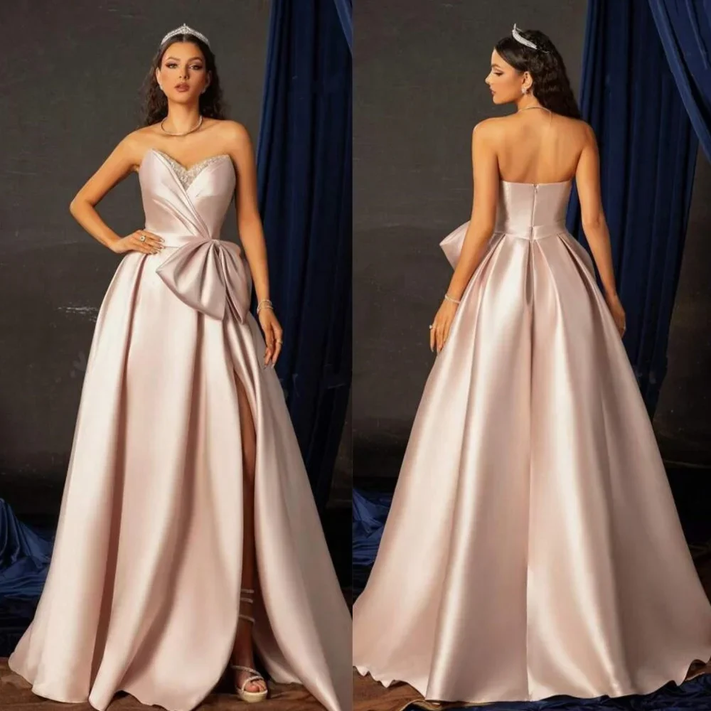 Customized Prom Gown Satin Draped Bow Pleat Clubbing A-line Strapless Exquisite High Quality Occasion Long Dresses for Women