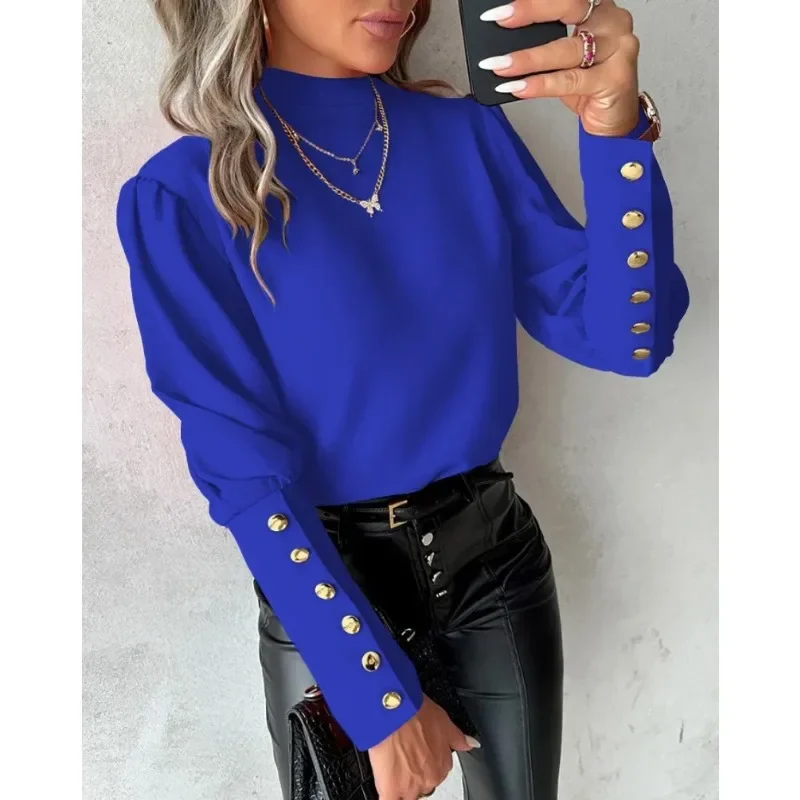

Autumn Commuter Elegant Women's Long Sleeved Shirt Simple Solid Color Round Neck Button Shirt Fashion Lace Backless Casual Shirt